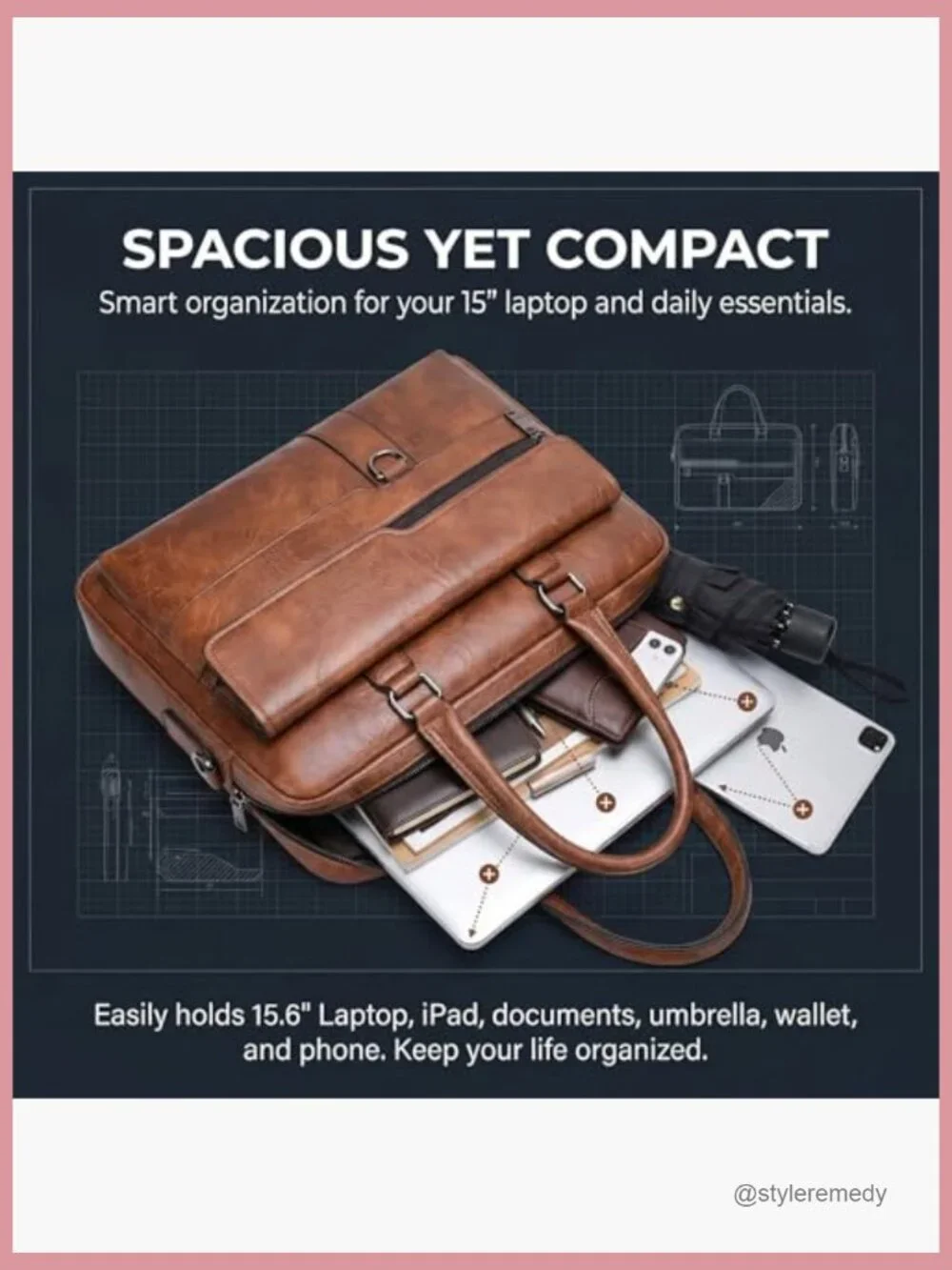 Faux Leather Laptop Bag 15in Water-Resistant Messenger Briefcase